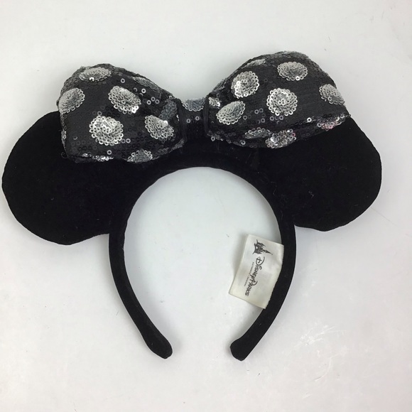 Disney Black & Silver Sequin Polka Dot Detachable Bow Minnie Mouse Ears Headband